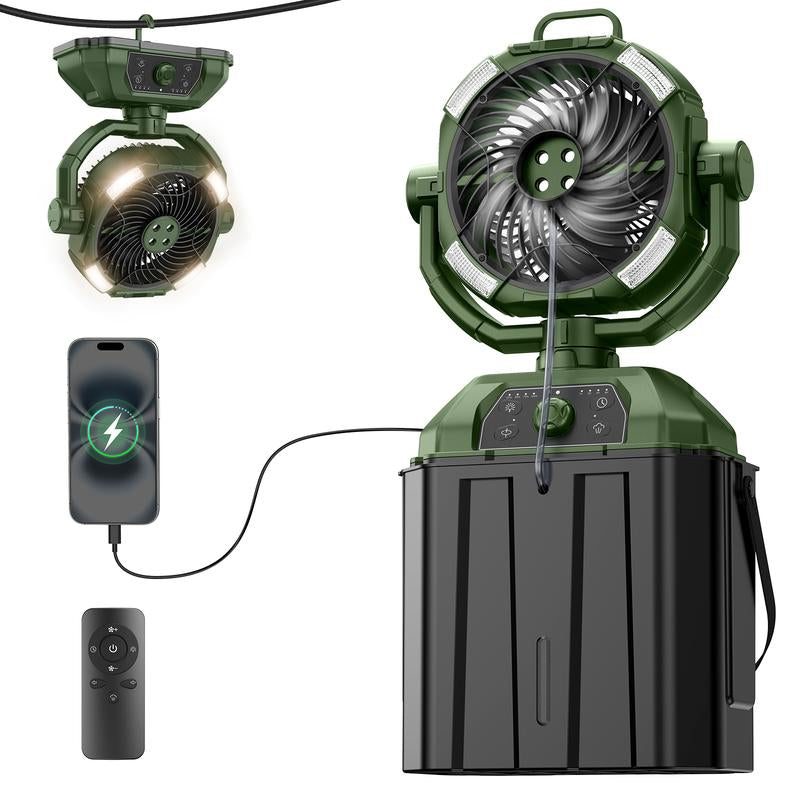 Youngsa Portable Camping Misting Fan with 6L Bucket 32000Mah Rechargeable Multifunction Fan,Infinitely Variable Speed,4 Spray Mister with LED Lantern,Remote & Hook for Patios,Fishing,Travel,Garden Party,Golf,Outside Fathersdaygift