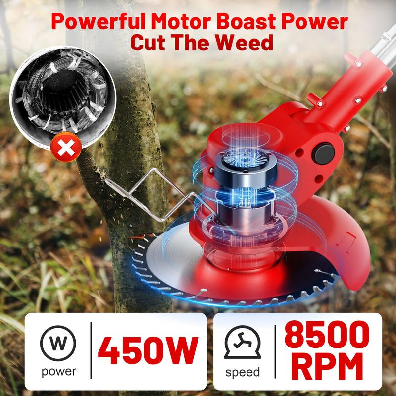 Weed Wacker Cordless, 3 in 1 Portable String Trimmer with 23 Blades Multi-Blade , 125Cm Adjustable Lightweight Brushless Electric Garden Strimmer with 2 Battery, Metal Blade Strimmer for Lawn Care Shrub Trimming Tool Power