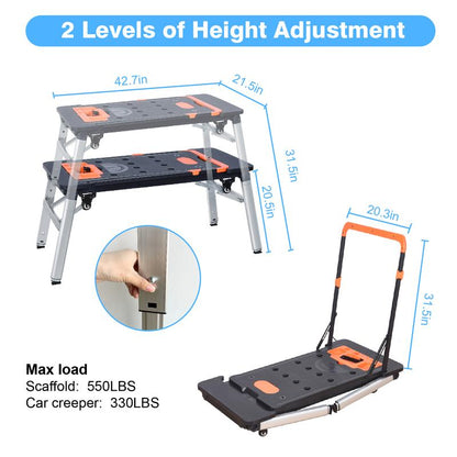 LEADALLWAY 7-In-1 Folding Portable Workbench Painted Work Table as Workbench, Scaffold,Platform,Sawhorse,Car Creeper and Hand Truck with 4 Wheels