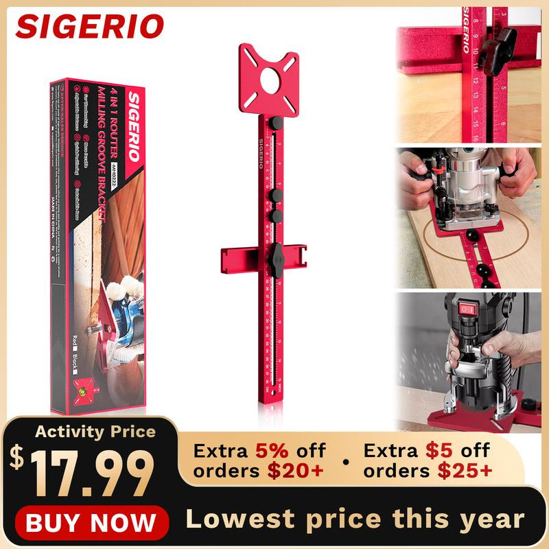 Sigerio 4 in 1 Router Milling Groove Bracket, Aluminum Alloy Router Circle Cutting Jig, Multifunctional Cabinet Hardware Jig and Router Guide, Adjustable Router Jig Tool for Woodworking (Rose Red)