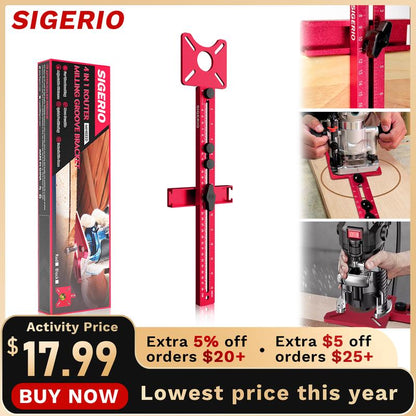 Sigerio 4 in 1 Router Milling Groove Bracket, Aluminum Alloy Router Circle Cutting Jig, Multifunctional Cabinet Hardware Jig and Router Guide, Adjustable Router Jig Tool for Woodworking (Rose Red)