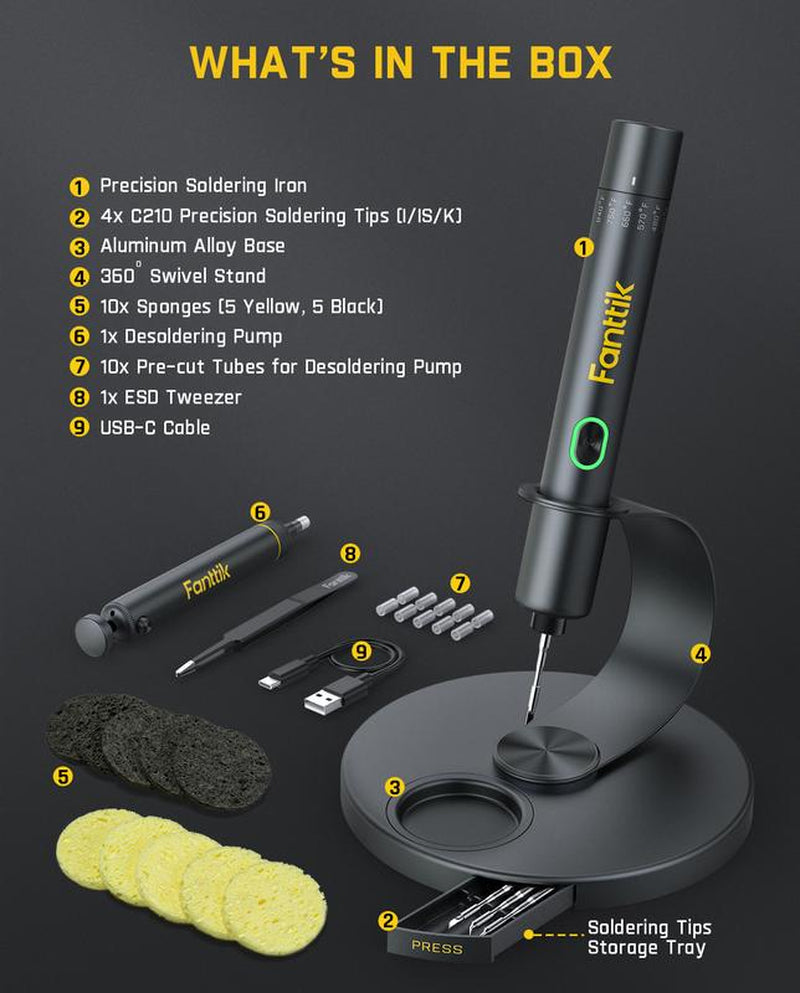 Fanttik Super Brand Day T1 Max Cordless Soldering Iron with 7 Second Heating, Auto Sleep Function, 4 Rapid Heating Tips, DC/AC Compatible, and Aluminum Storage Space Tool Electric