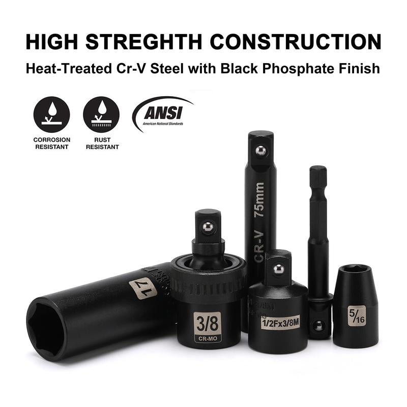 49 Pieces 3/8" Drive Impact Socket Set, 5/16"-3/4", 8-22MM, Sae/Metric, 6 Point, CR-V, Includes Extension Bar, Adapter, Universal Joint Tool Box Heavy Duty Hardware Industrial