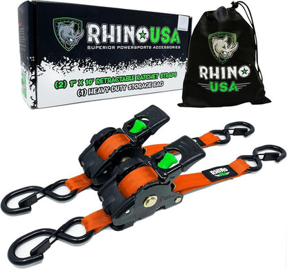 Rhino USA 1" X 10' Retractable Ratchet Straps (Select 2 Pack or 4 Pack) - Heavy Duty Self Retracting Tie down Straps for Truck, Cargo Trailer