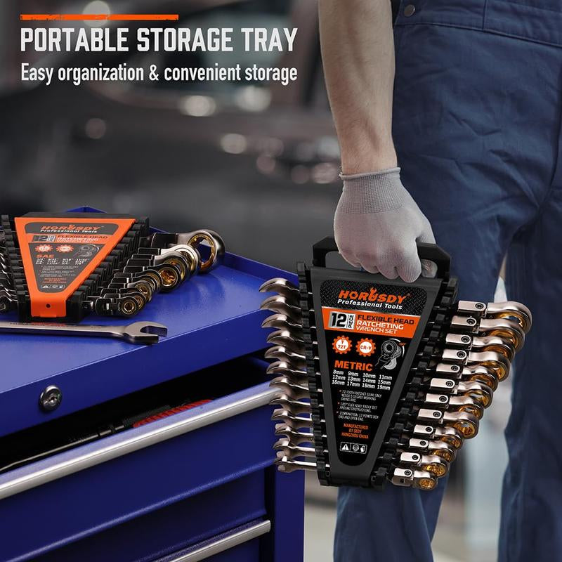 HORUSDY Flex-Head Ratcheting Wrench Set | Metric and SAE | Ratchet Combination Wrenches Set with Organizer | 72-Teeth | Chrome Vanadium Steel Hardware
