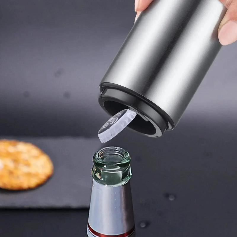 Stainless Steel Bottle Opener, 1 Count Automatic Beer Bottle Opener, Magnetic Bottle Cap Catcher, Portable Travel Accessories Tools, Modern Black Bartender Tool for Home Picnic Camping, Insulated