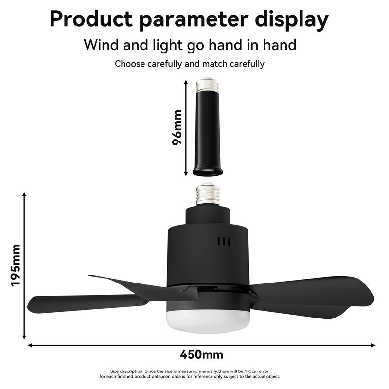 Socket Breeze Socket Fan Light with Remote, Portable Small Ceiling Fans with Lights for Bedroom, Kitchen, Living Room, Ceiling Fan with Light 3500K, 1000 Lumens, Screws into E27