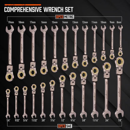 HORUSDY Flex-Head Ratcheting Wrench Set | Metric and SAE | Ratchet Combination Wrenches Set with Organizer | 72-Teeth | Chrome Vanadium Steel Hardware