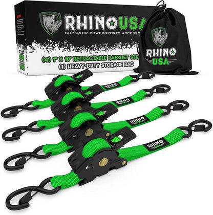 Rhino USA 1" X 10' Retractable Ratchet Straps (Select 2 Pack or 4 Pack) - Heavy Duty Self Retracting Tie down Straps for Truck, Cargo Trailer