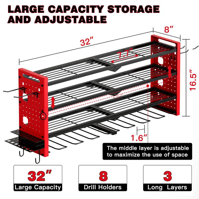 HAUSNEED-001/002/003 Tool Organizer Wall Mount, Tool Rack with 8 Drill Holders, 4 Layers Large Capacity Rack, Tool Room Storage, Ideal for Garage，Powertoolholder Heavy Duty