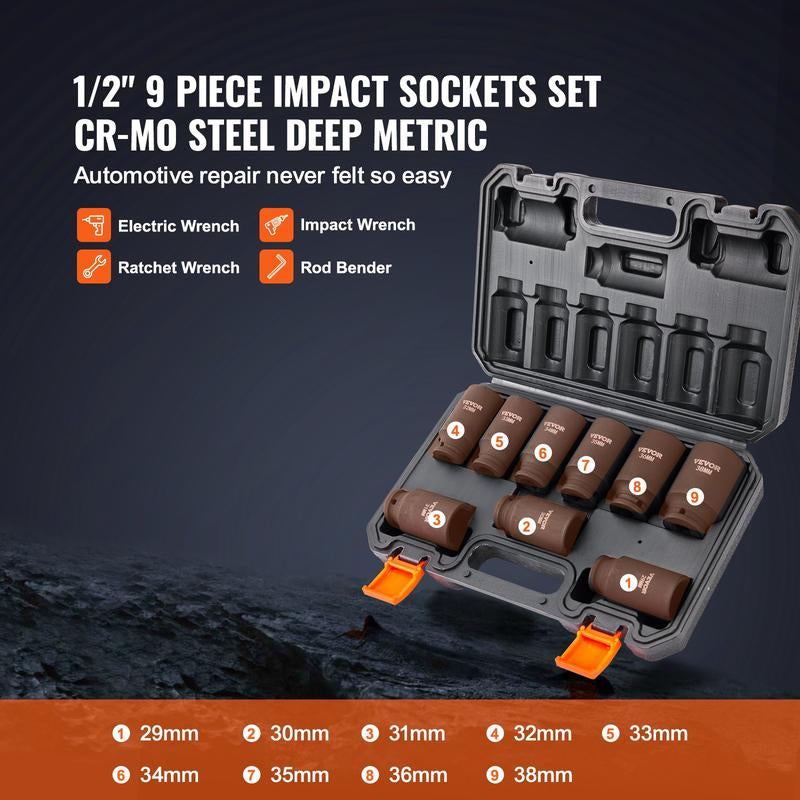 VEVOR 1/2" Drive Impact Socket Set, 65 Piece Socket Set SAE 3/8" to 1-1/4" and Metric 10-24Mm, 6 Point Cr-V Alloy Steel for Auto Repair, Rugged Construction, Easy-To-Read Size Markings, Storage Case Heavy Duty Fathersdaygift