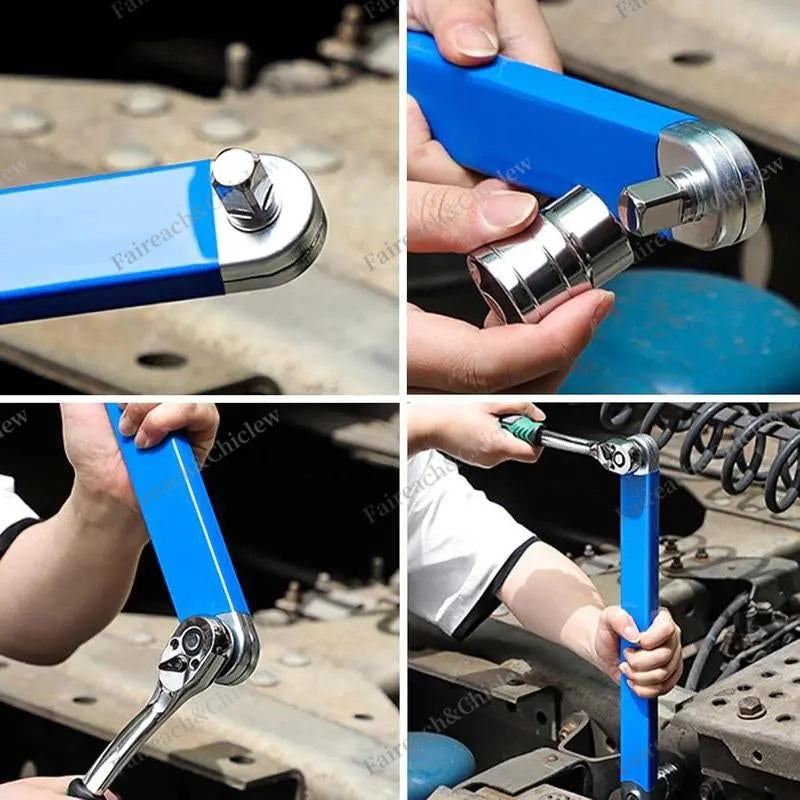 Offset Extension Wrench, Upgraded Impact Ready Extension Wrench Set, with 4Pcs 1/2", 1/4" and 3/8" Square Drive Adapters, 15" Socket Wrench Tool, Universal Extensions Wrench for Hard-To-Reach Place