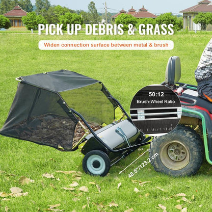 VEVOR Tow behind Lawn Sweeper, Pull behind Lawn Sweeper 50", 26 Cu. Ft Large Capacity Leaf & Grass Collector, with Adjustable Sweeping Height and Dumping Rope Design for Picking up Debris and Grass Powerful Spinning