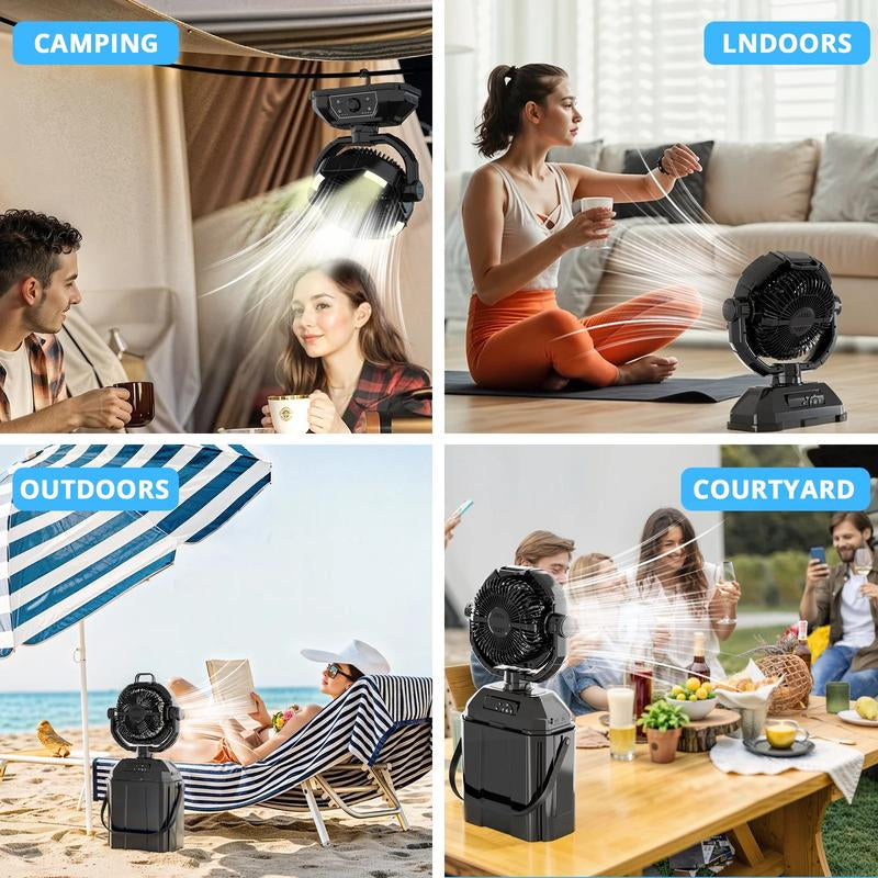 Youngsa Portable Camping Misting Fan with 6L Bucket 32000Mah Rechargeable Multifunction Fan,Infinitely Variable Speed,4 Spray Mister with LED Lantern,Remote & Hook for Patios,Fishing,Travel,Garden Party,Golf,Outside Fathersdaygift