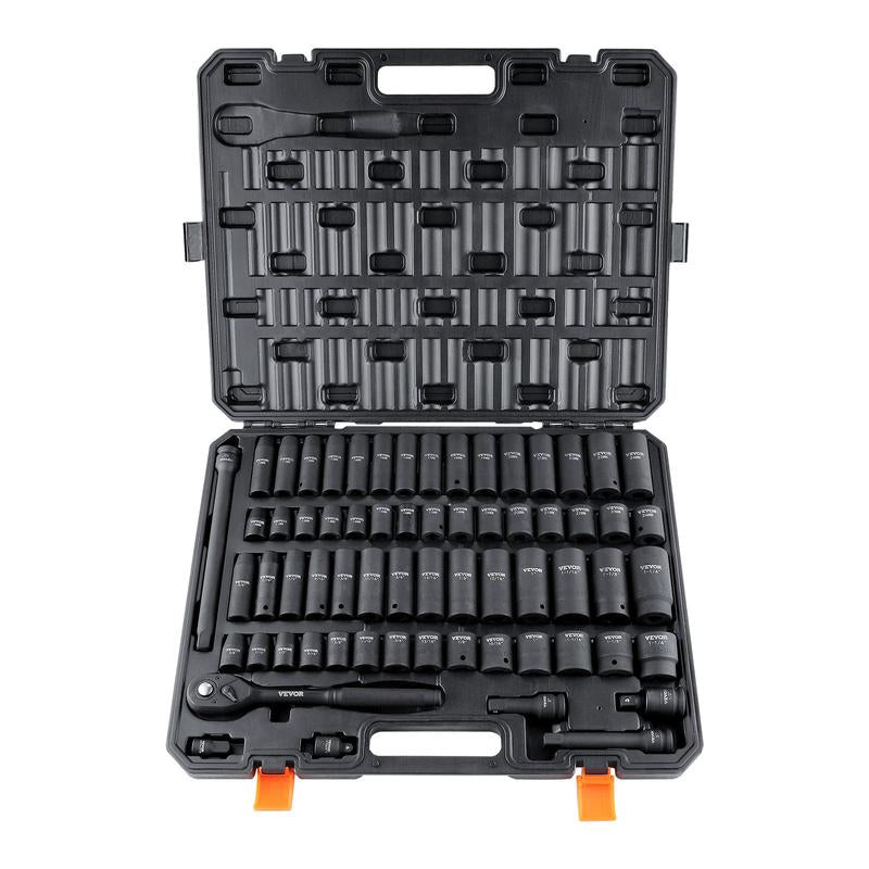 VEVOR 1/2" Drive Impact Socket Set, 65 Piece Socket Set SAE 3/8" to 1-1/4" and Metric 10-24Mm, 6 Point Cr-V Alloy Steel for Auto Repair, Rugged Construction, Easy-To-Read Size Markings, Storage Case Heavy Duty Fathersdaygift