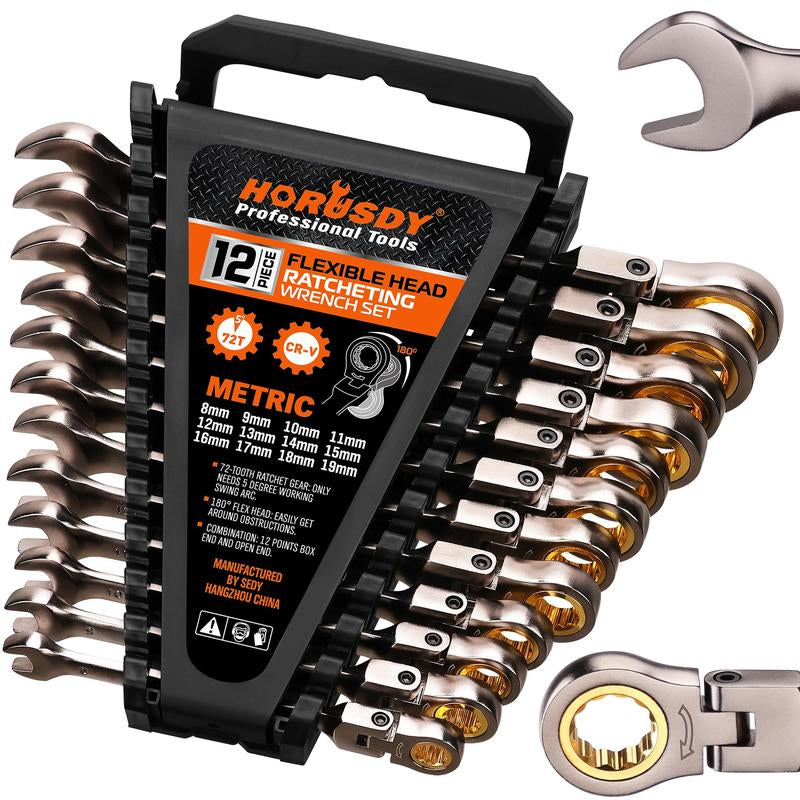 HORUSDY Flex-Head Ratcheting Wrench Set | Metric and SAE | Ratchet Combination Wrenches Set with Organizer | 72-Teeth | Chrome Vanadium Steel Hardware
