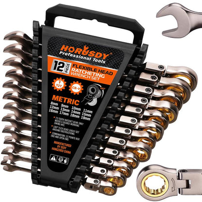 HORUSDY Flex-Head Ratcheting Wrench Set | Metric and SAE | Ratchet Combination Wrenches Set with Organizer | 72-Teeth | Chrome Vanadium Steel Hardware
