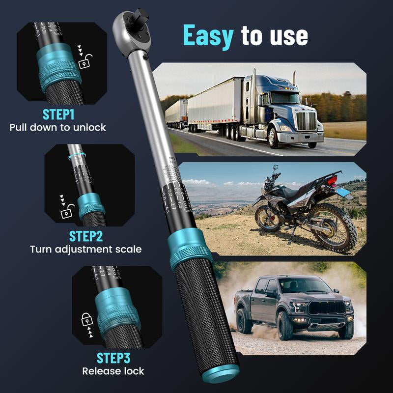 Seesii 8Pcs Click Torque Wrench Set (1/4", 3/8", 1/2" Drive) ±3% Ultra-Precise, 72-Tooth Dual Scale for Bike/Motorcycle/Car Repair,Ch450