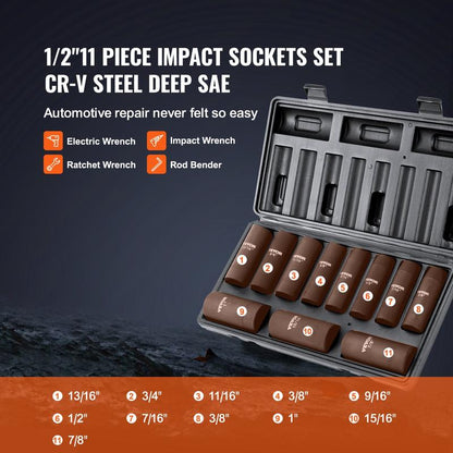 VEVOR 1/2" Drive Impact Socket Set, 65 Piece Socket Set SAE 3/8" to 1-1/4" and Metric 10-24Mm, 6 Point Cr-V Alloy Steel for Auto Repair, Rugged Construction, Easy-To-Read Size Markings, Storage Case Heavy Duty Fathersdaygift