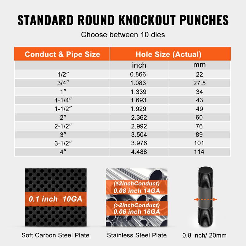 VEVOR Hydraulic Knockout Punch Kit, 15 Ton 1/2" to 4" Conduit Hole Cutter Set, KO Tool Kits with Puncher 10 Piece, Metal Sheet Driver Tools, for Aluminum, Brass, Stainless Steel, Fiberglass and Plasti
