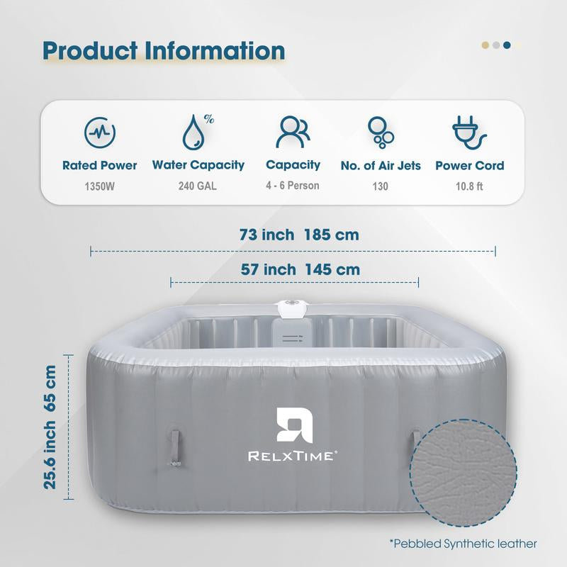 4 to 6 Person Inflatable Hot Tub,Inflatable Square Spa Portable Outdoor Hottub,130 Soothing Bubble Air Jets,Insulation Cover(Energy-Saving) Fathersdaygift Water Safety
