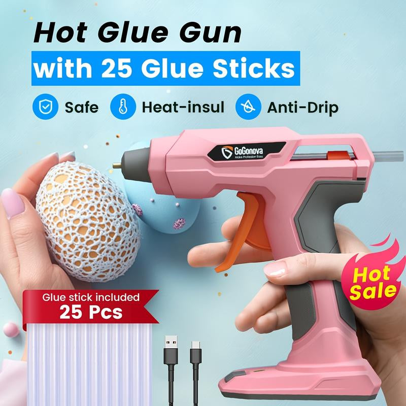 Gogonova Glue Gun, 20S Fast Preheating Anti-Drip Cordless Glue Gun, 2Ah USB-C Rechargeable with 25 Pcs Mini Glue Sticks, Smart Power-Off