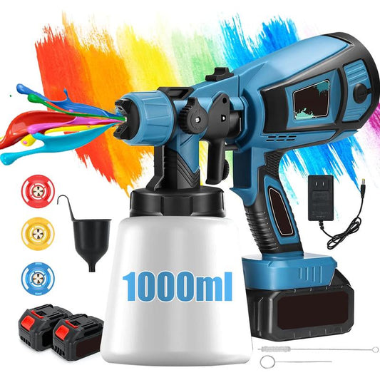 Cordless Paint Sprayer with 2 Batteries 21V 1000Ml Cordless Spray Paint Gun 3 Spray Modes 3 Nozzles Adjustable Flow Length for Home Interior Furniture Wall Door Latex (Style Blue)
