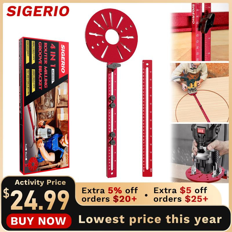 Sigerio 4 in 1 Router Milling Groove Bracket, Aluminum Alloy Router Circle Cutting Jig, Multifunctional Cabinet Hardware Jig and Router Guide, Adjustable Router Jig Tool for Woodworking (Rose Red)