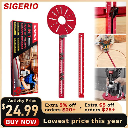 Sigerio 4 in 1 Router Milling Groove Bracket, Aluminum Alloy Router Circle Cutting Jig, Multifunctional Cabinet Hardware Jig and Router Guide, Adjustable Router Jig Tool for Woodworking (Rose Red)