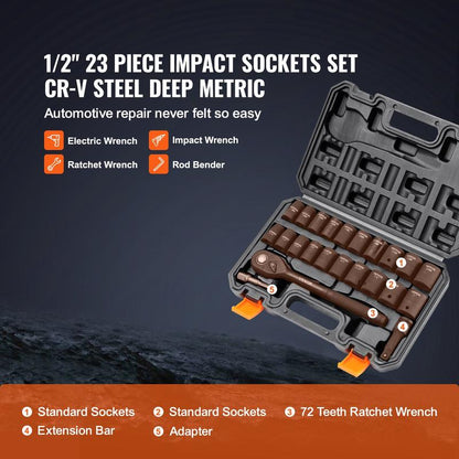 VEVOR 1/2" Drive Impact Socket Set, 65 Piece Socket Set SAE 3/8" to 1-1/4" and Metric 10-24Mm, 6 Point Cr-V Alloy Steel for Auto Repair, Rugged Construction, Easy-To-Read Size Markings, Storage Case Heavy Duty Fathersdaygift