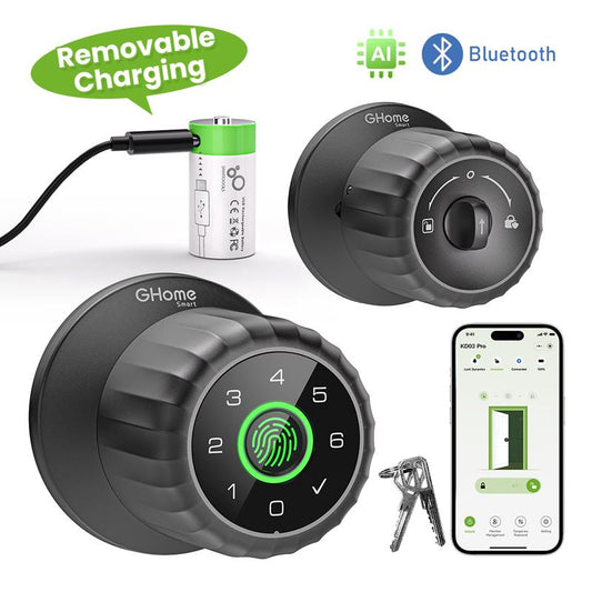 [New Arrival] Ghome Smart 4-In-1 Keyless Entry Door Knob – Rechargeable Battery, Biometric Fingerprint, Keypad, App & Bluetooth Control, Removable Charging for Easy Power Access