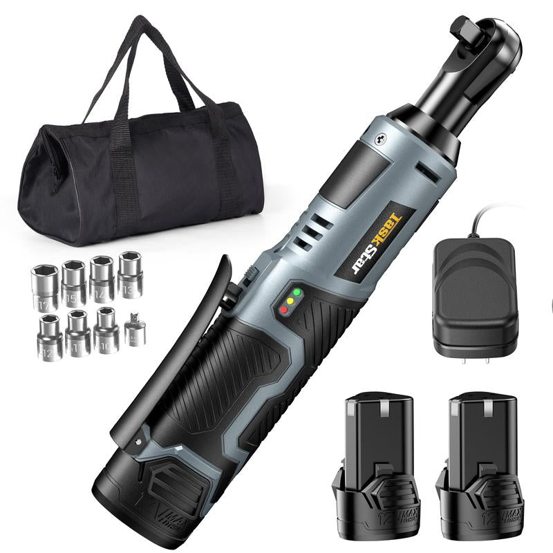 Taskstar Electric Ratchet Wrench 3/8 Inch, 40 Nm Cordless Wrench Set with Variable Speed Trigger, 12V 2X 2Ah Batteries & Fast Charger, 1/4" Adapter &7 Sockets for DIY, Installation, Car Repair