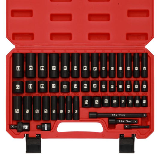 49 Pieces 3/8" Drive Impact Socket Set, 5/16"-3/4", 8-22MM, Sae/Metric, 6 Point, CR-V, Includes Extension Bar, Adapter, Universal Joint Tool Box Heavy Duty Hardware Industrial