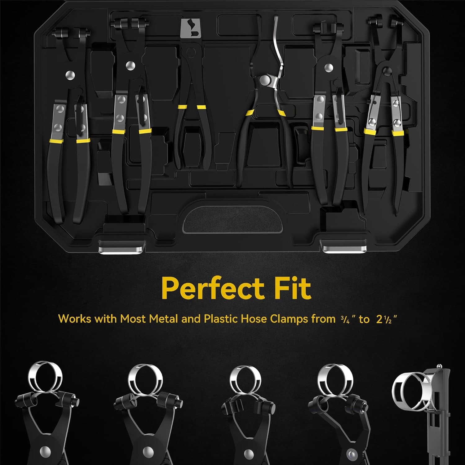 Hose Clamp Pliers Set, Flexible Wire Long Reach Clic R Type Swivel Jaw and Flat Band Pliers for Fuel Oil and Water Work, Automotive Repair Tools Kit, 9 Pieces