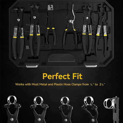 Hose Clamp Pliers Set, Flexible Wire Long Reach Clic R Type Swivel Jaw and Flat Band Pliers for Fuel Oil and Water Work, Automotive Repair Tools Kit, 9 Pieces