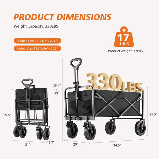 Collapsible Foldable Wagon Cart, Large Capacity Garden Beach Cart with All-Terrain Wheels, Heavy Duty Utility Grocery Wagon with Drink Holders for Shopping Sports Camping
