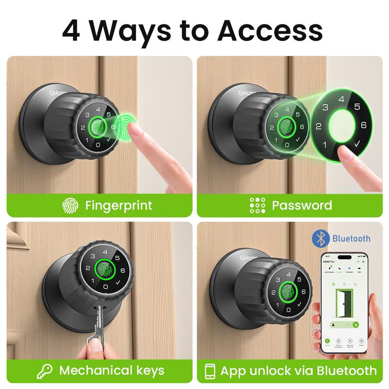 [New Arrival] Ghome Smart 4-In-1 Keyless Entry Door Knob – Rechargeable Battery, Biometric Fingerprint, Keypad, App & Bluetooth Control, Removable Charging for Easy Power Access
