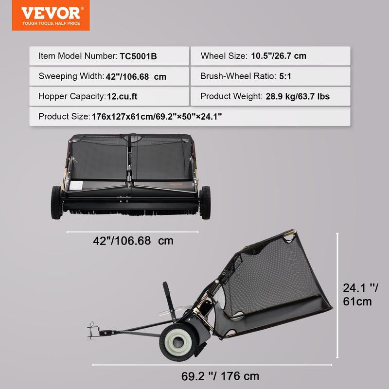 VEVOR Tow behind Lawn Sweeper, Pull behind Lawn Sweeper 50", 26 Cu. Ft Large Capacity Leaf & Grass Collector, with Adjustable Sweeping Height and Dumping Rope Design for Picking up Debris and Grass Powerful Spinning