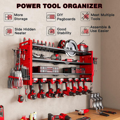 HAUSNEED-001/002/003 Tool Organizer Wall Mount, Tool Rack with 8 Drill Holders, 4 Layers Large Capacity Rack, Tool Room Storage, Ideal for Garage，Powertoolholder Heavy Duty