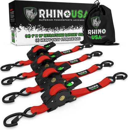 Rhino USA 1" X 10' Retractable Ratchet Straps (Select 2 Pack or 4 Pack) - Heavy Duty Self Retracting Tie down Straps for Truck, Cargo Trailer
