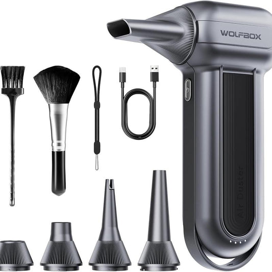 (6 in 1)WOLFBOX 150000RPM Super Power Electric 6000Ma Compressed Air Duster, Electric Leaf Blower Cordlessurbo Jet Blower, Handheld Leaf Blower and Charger Included,Leaf Blower for Lawn Care,Car Cleanning, Bbq,Leave and Dust Cleanning Fathersdaygift