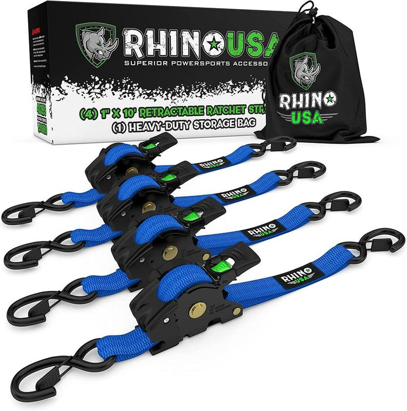 Rhino USA 1" X 10' Retractable Ratchet Straps (Select 2 Pack or 4 Pack) - Heavy Duty Self Retracting Tie down Straps for Truck, Cargo Trailer