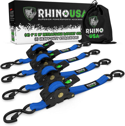 Rhino USA 1" X 10' Retractable Ratchet Straps (Select 2 Pack or 4 Pack) - Heavy Duty Self Retracting Tie down Straps for Truck, Cargo Trailer