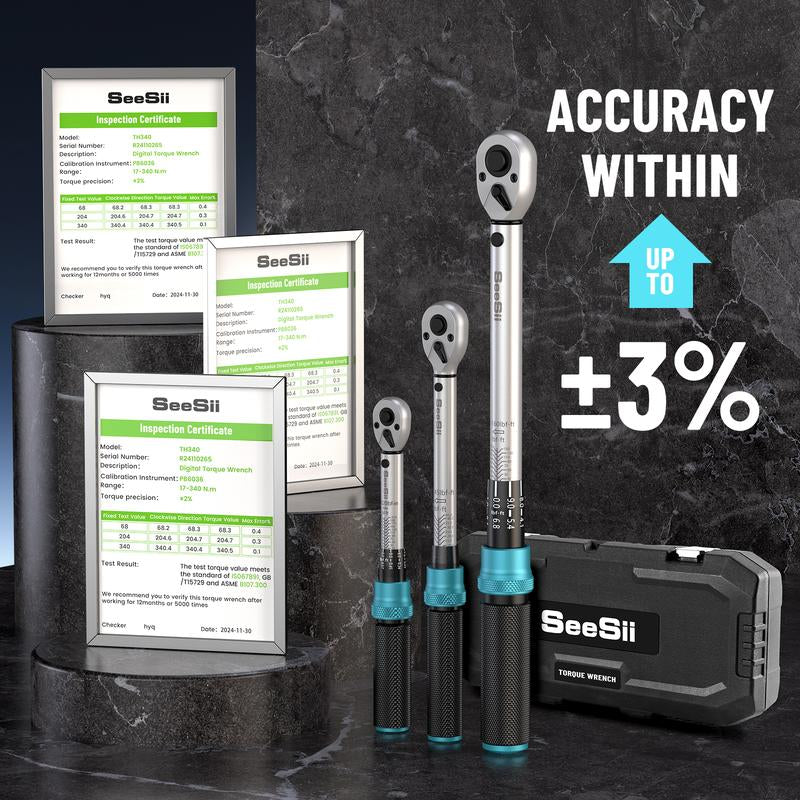 Seesii 8Pcs Click Torque Wrench Set (1/4", 3/8", 1/2" Drive) ±3% Ultra-Precise, 72-Tooth Dual Scale for Bike/Motorcycle/Car Repair,Ch450