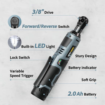 Taskstar Electric Ratchet Wrench 3/8 Inch, 40 Nm Cordless Wrench Set with Variable Speed Trigger, 12V 2X 2Ah Batteries & Fast Charger, 1/4" Adapter &7 Sockets for DIY, Installation, Car Repair