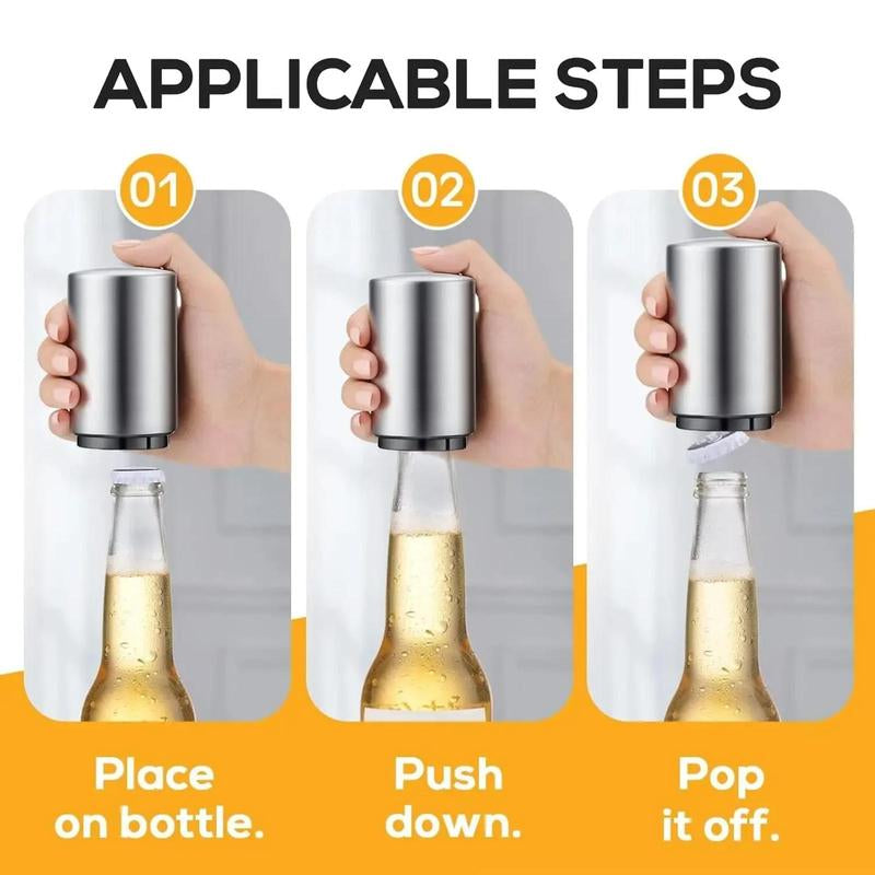 Stainless Steel Bottle Opener, 1 Count Automatic Beer Bottle Opener, Magnetic Bottle Cap Catcher, Portable Travel Accessories Tools, Modern Black Bartender Tool for Home Picnic Camping, Insulated
