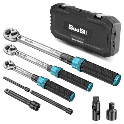 Seesii 8Pcs Click Torque Wrench Set (1/4", 3/8", 1/2" Drive) ±3% Ultra-Precise, 72-Tooth Dual Scale for Bike/Motorcycle/Car Repair,Ch450