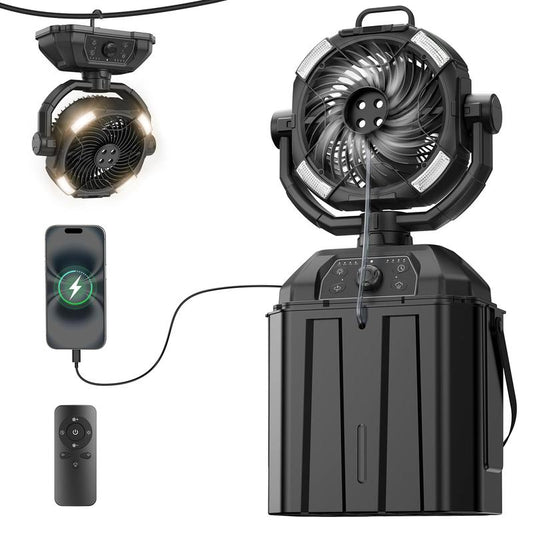 Youngsa Portable Camping Misting Fan with 6L Bucket 32000Mah Rechargeable Multifunction Fan,Infinitely Variable Speed,4 Spray Mister with LED Lantern,Remote & Hook for Patios,Fishing,Travel,Garden Party,Golf,Outside Fathersdaygift