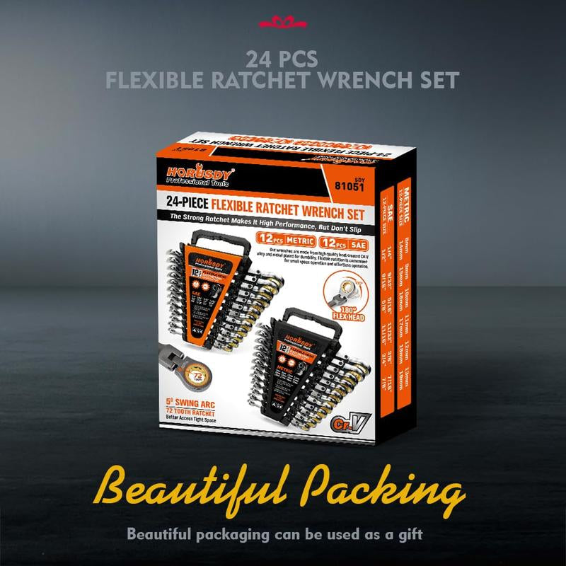 HORUSDY Flex-Head Ratcheting Wrench Set | Metric and SAE | Ratchet Combination Wrenches Set with Organizer | 72-Teeth | Chrome Vanadium Steel Hardware