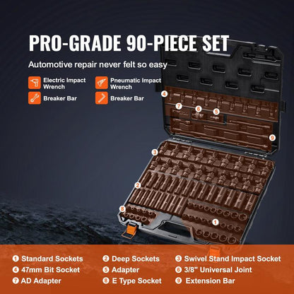 VEVOR 1/2" Drive Impact Socket Set, 65 Piece Socket Set SAE 3/8" to 1-1/4" and Metric 10-24Mm, 6 Point Cr-V Alloy Steel for Auto Repair, Rugged Construction, Easy-To-Read Size Markings, Storage Case Heavy Duty Fathersdaygift